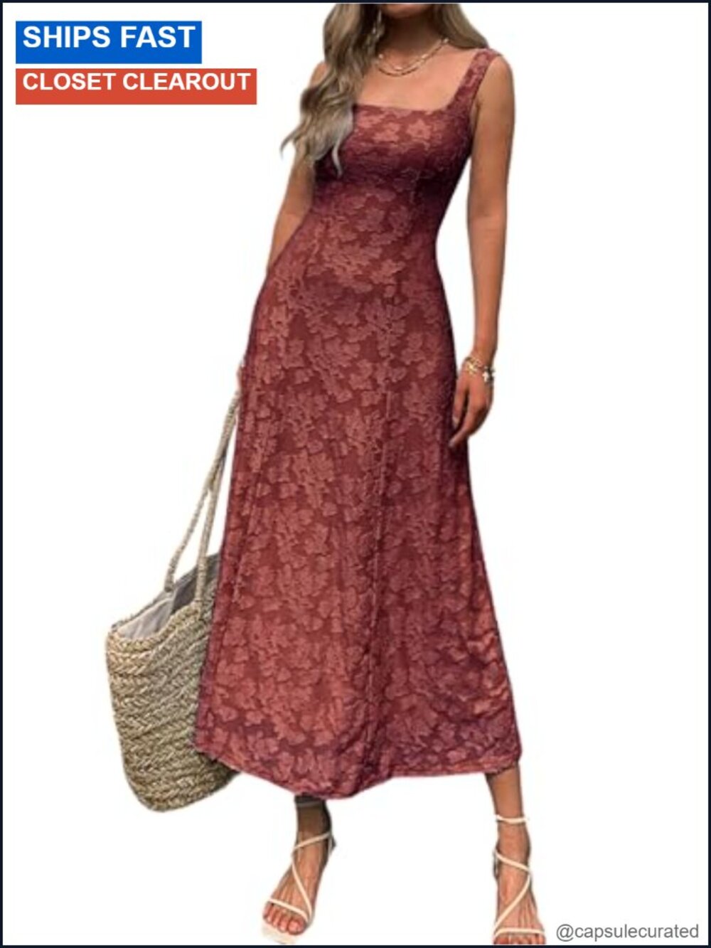 Textured Floral Jacquard Maxi Dress Square Neck Sleeveless A-Line Flowy Summer